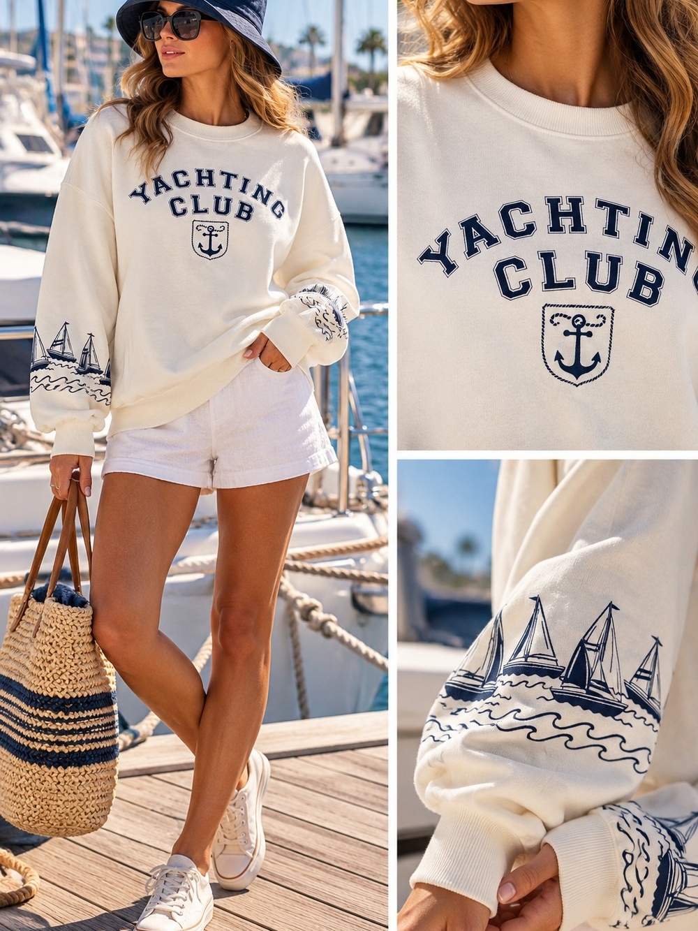 Beach Riot Cream Yachting Club Graphic Sweatshirt with Navy Prints, NWOT, M